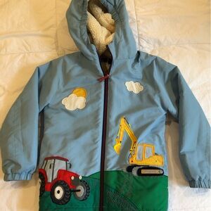 Mini Boden Blue Kids Puffer Jacket with Tractor and Digger Design